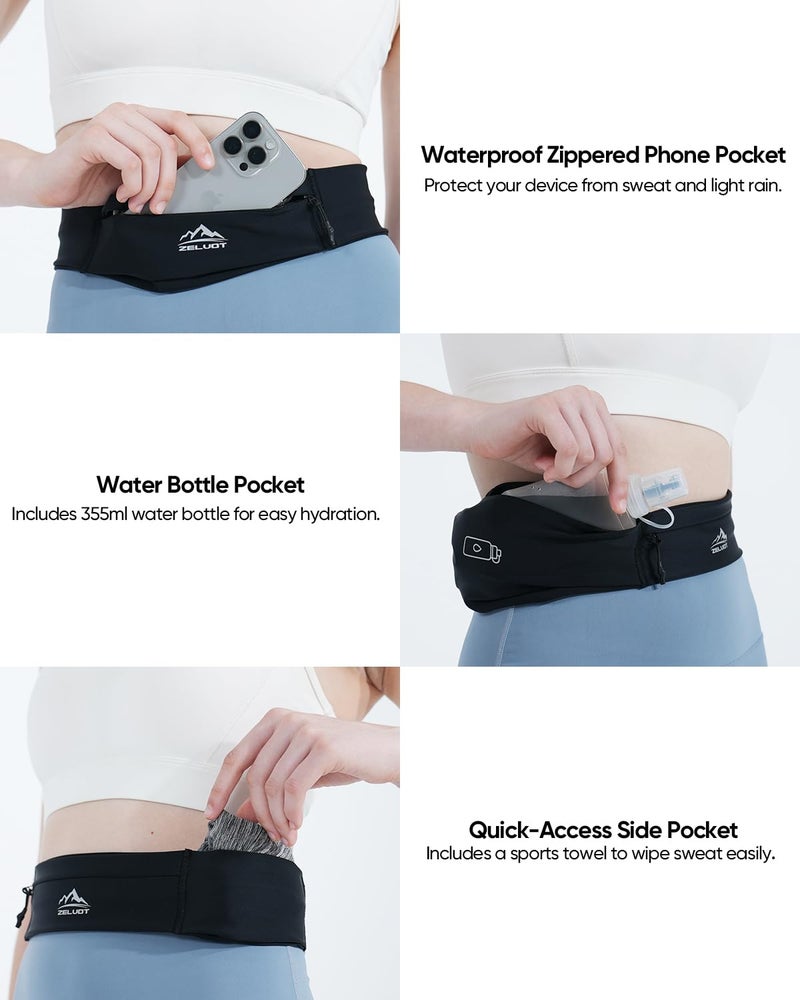 Zelvot Running Belt with 355ml Water Bottle, Extension Strap & Phone Holder, Adjustable Running Fanny Pack with Gym Towel, Waterproof Belt Bag for Women Men for Jogging Hiking Marathon (Black, Medium) - Image 2
