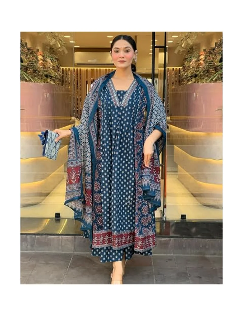 Gosriki GoSriKi Women's Rayon Viscose Anarkali Printed Kurta with Palazzo & Dupatta
