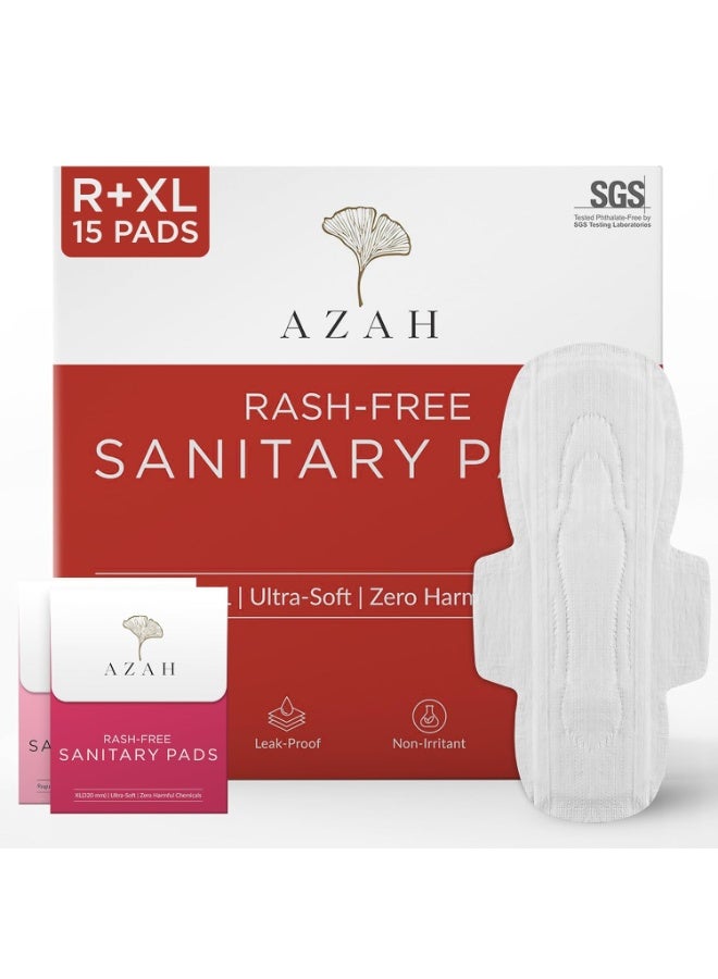 AZAH Sanitary Pads for Women (10 Reg + 5 XL) \[Pack of 15] 100% Rash-Free sanitary napkins | 3x More Absorption, Cottony Soft and Dry Top Cover for heavy Flow | Leak-Proof | With Disposable Bag - Image 1