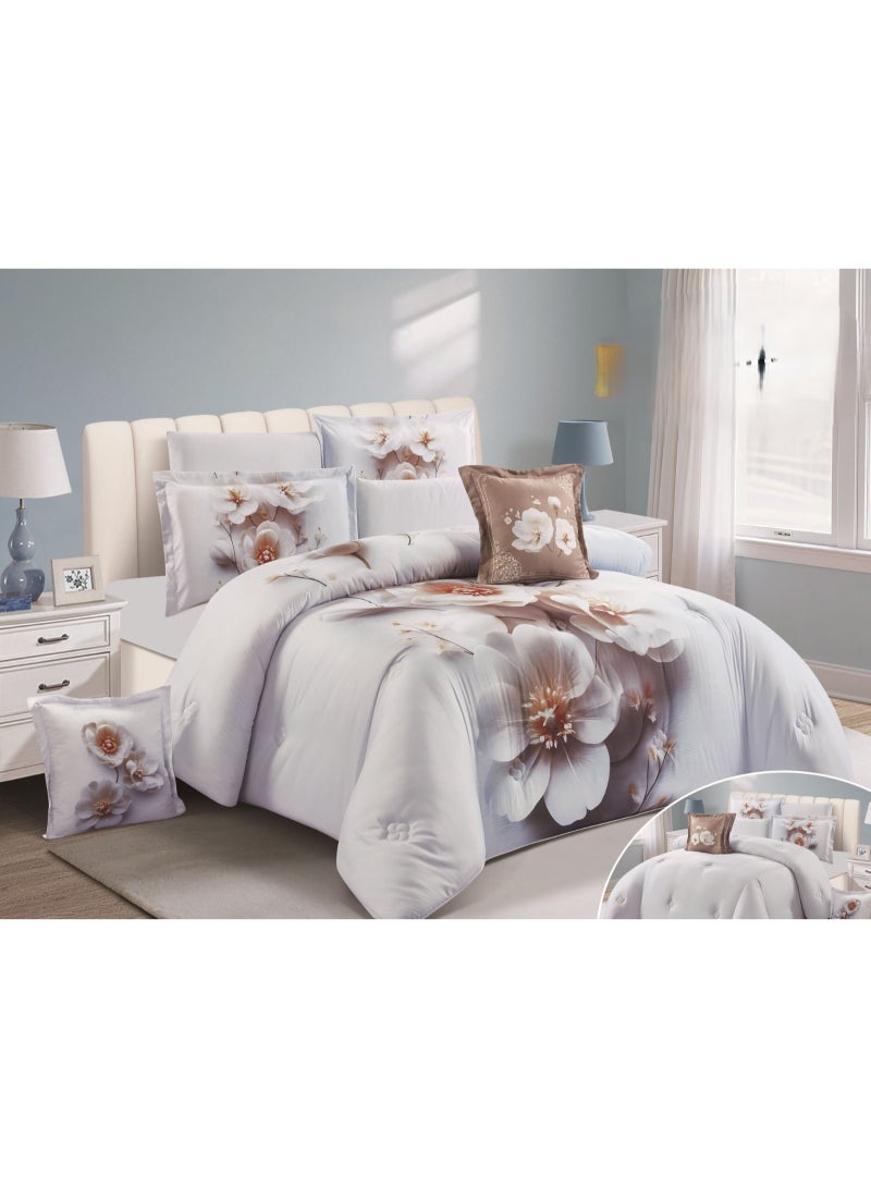 Horse ouble bed sheeDt set with a 3D floral summer design, offering comfort and the beauty of nature. Includes: 1 duvet (240*260cm), 1 fitted sheet (200*200+30cm), 4 pillowcases (50*75cm), and 2 cushions (45*45cm). - Image 1