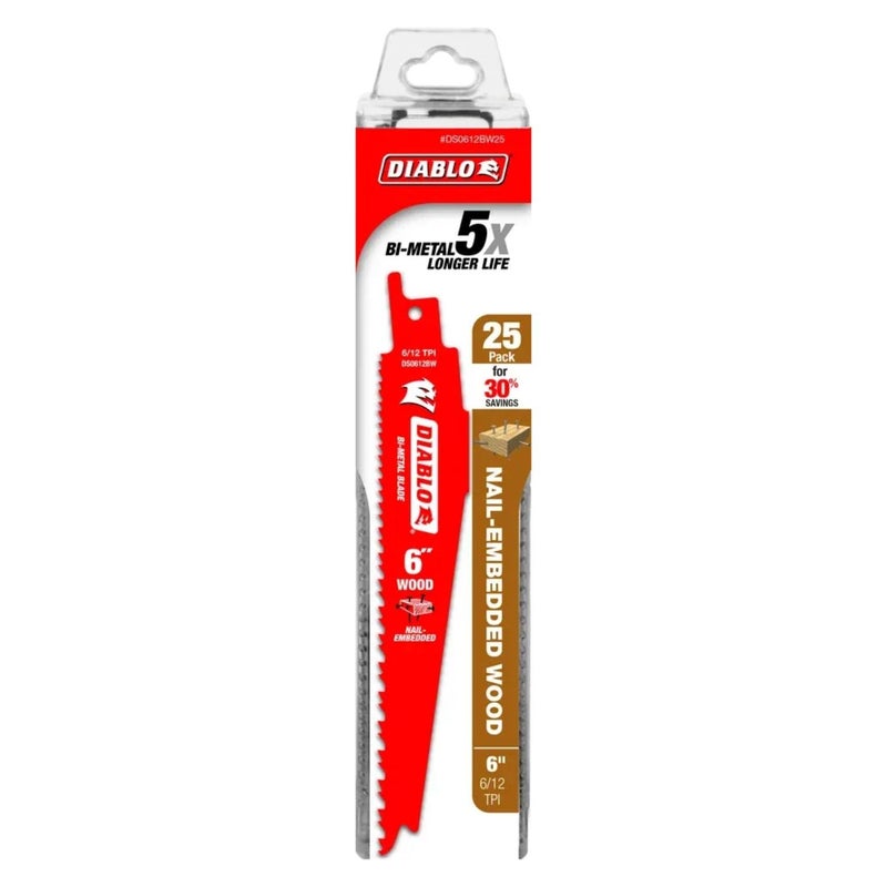 Diablo Bi-Metal Reciprocating Blades with Perma-Shield Coating for Nail-Embedded Wood - 6" Length, Variable Tooth Design, 6/12 TPI, 25-Pack - DS0612BW25