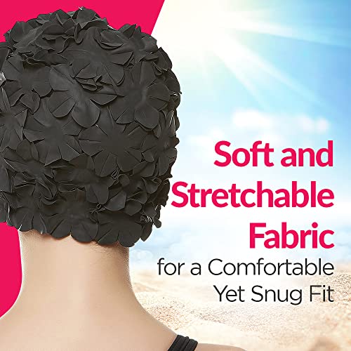 Beemo Latex Swim Cap - Women Stylish Swimming Cap Great for Ladies, Perfect to Keep Hair Dry - Suitable for Long Hair - Flowal Petal Vintage Style - Black - Image 3