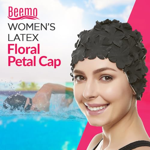 Beemo Latex Swim Cap - Women Stylish Swimming Cap Great for Ladies, Perfect to Keep Hair Dry - Suitable for Long Hair - Flowal Petal Vintage Style - Black - Image 2
