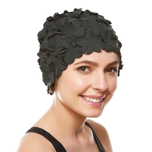 Beemo Latex Swim Cap - Women Stylish Swimming Cap Great for Ladies, Perfect to Keep Hair Dry - Suitable for Long Hair - Flowal Petal Vintage Style - Black - Image 1
