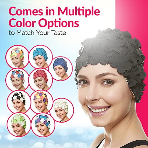 Beemo Latex Swim Cap - Women Stylish Swimming Cap Great for Ladies, Perfect to Keep Hair Dry - Suitable for Long Hair - Flowal Petal Vintage Style - Black - Image 5