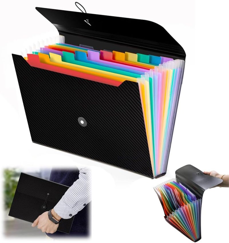 Expanding File Organizer Folder, 13-Pocket Accordion File Folder with Tabs & Elastic Closure – A4 Document Holder for Home, School, Office, and Travel (1 Pcs Black/Colour) - Image 1