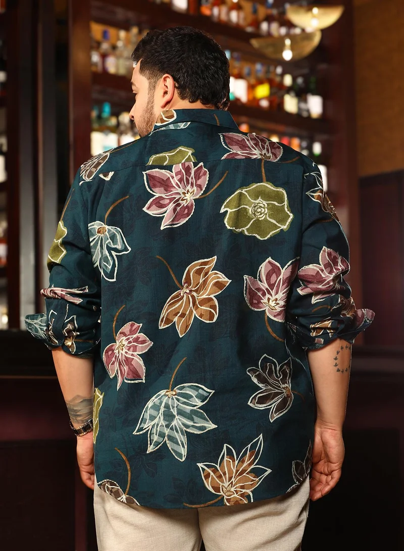 Instafab Plus Instafab Plus Men's Teal Green Floret Imprint Shirt For Casual Wear | Spread Collar | Long Cuffed Sleeves | Button Closure | Plus Size Shirt Crafted With Comfort Fit For Everyday Wear
