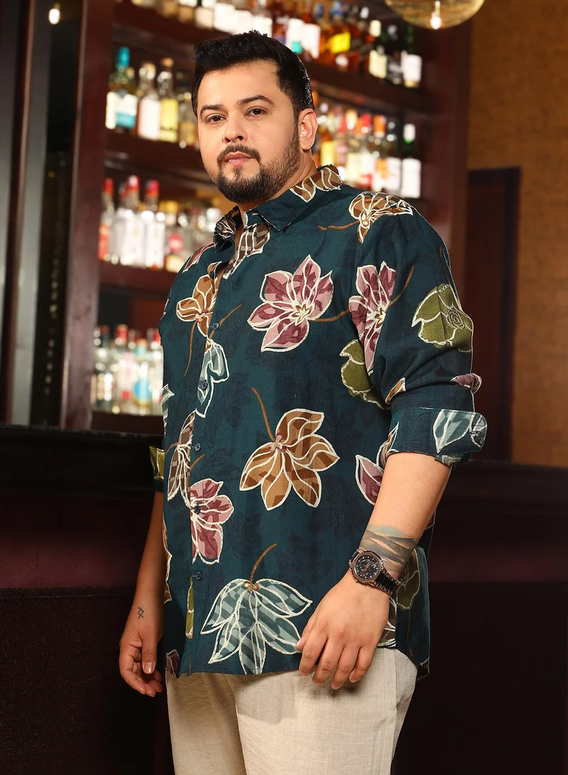 Instafab Plus Instafab Plus Men's Teal Green Floret Imprint Shirt For Casual Wear | Spread Collar | Long Cuffed Sleeves | Button Closure | Plus Size Shirt Crafted With Comfort Fit For Everyday Wear