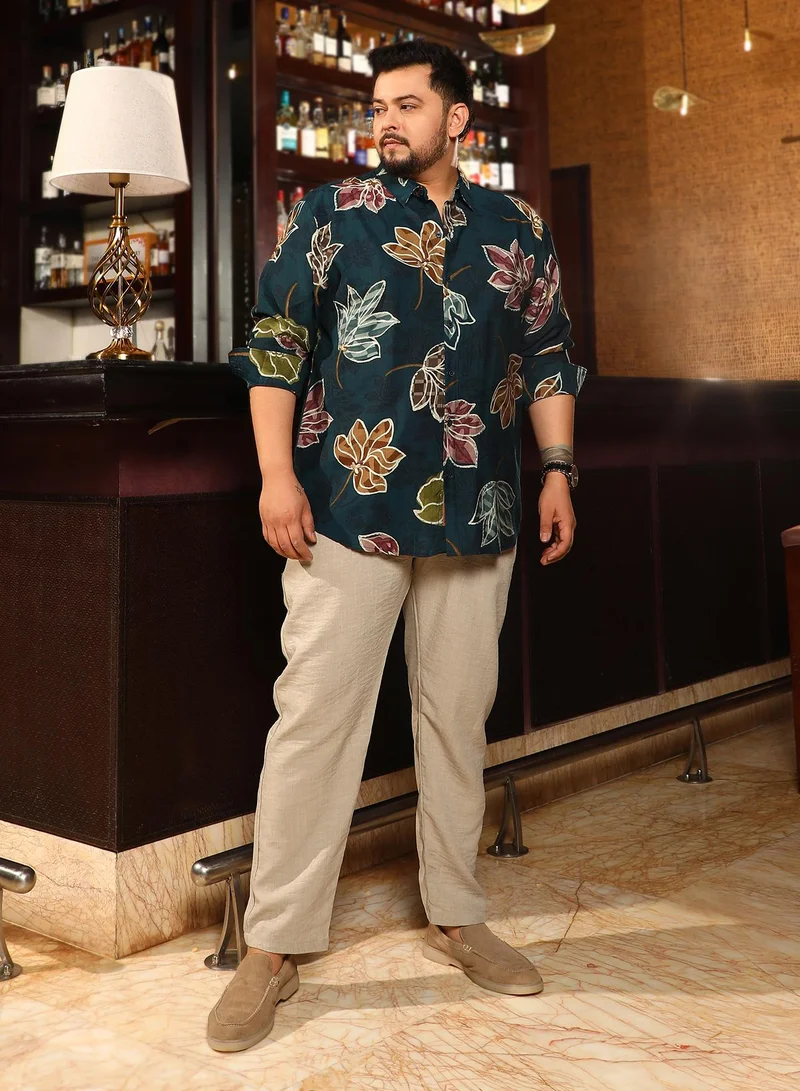 Instafab Plus Instafab Plus Men's Teal Green Floret Imprint Shirt For Casual Wear | Spread Collar | Long Cuffed Sleeves | Button Closure | Plus Size Shirt Crafted With Comfort Fit For Everyday Wear