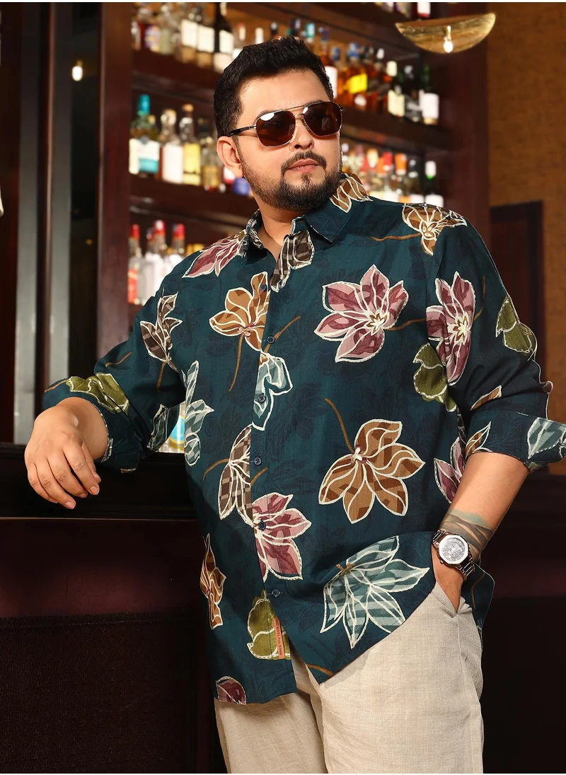 انستافاب بلس Instafab Plus Men's Teal Green Floret Imprint Shirt For Casual Wear | Spread Collar | Long Cuffed Sleeves | Button Closure | Plus Size Shirt Crafted With Comfort Fit For Everyday Wear