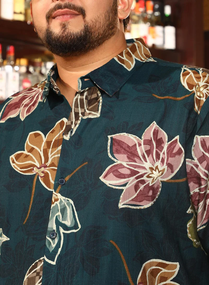 Instafab Plus Instafab Plus Men's Teal Green Floret Imprint Shirt For Casual Wear | Spread Collar | Long Cuffed Sleeves | Button Closure | Plus Size Shirt Crafted With Comfort Fit For Everyday Wear