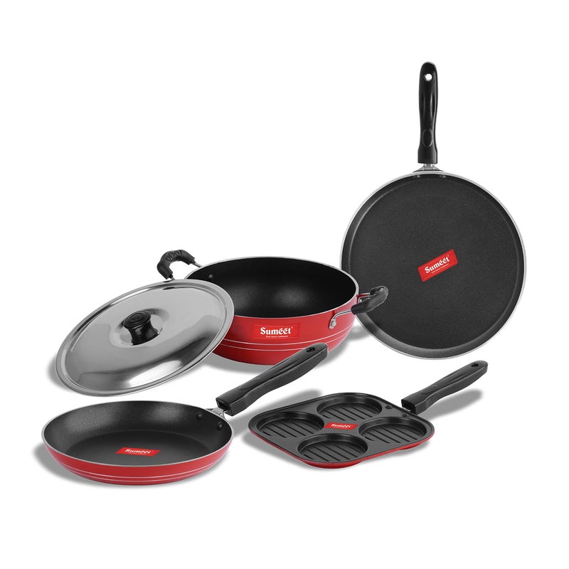 Sumeet 2.6mm Thick Non-Stick Rodze Cookware set (Dosa Tawa - 26.5cm Dia + Mini Multi Snack Maker - 19.5cm Dia + Kadhai with Lid - 1.5Ltr capacity- 20cm Dia + Tapper pan - 20cm Dia) - Image 1