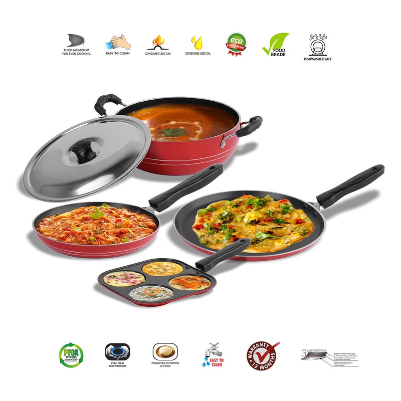 Sumeet 2.6mm Thick Non-Stick Rodze Cookware set (Dosa Tawa - 26.5cm Dia + Mini Multi Snack Maker - 19.5cm Dia + Kadhai with Lid - 1.5Ltr capacity- 20cm Dia + Tapper pan - 20cm Dia) - Image 2