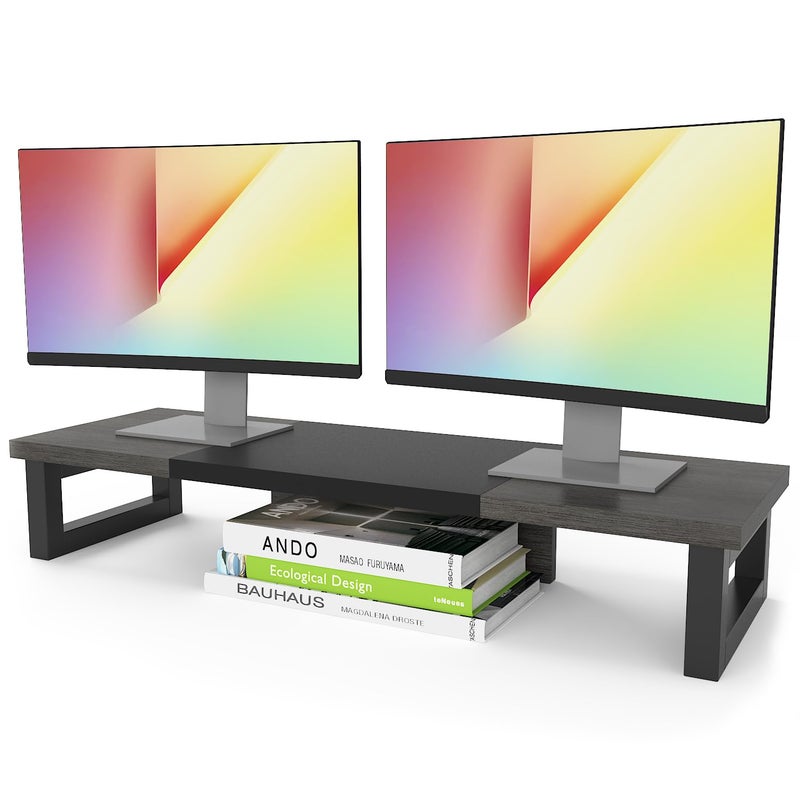 WESTREE Dual Monitor Stand Riser, Wood and Steel Monitor Stand Riser, Computer Monitor Stand for 2 Monitors, Multi-Purpose Desktop Storage Stand for Computer,Laptop,Printer,TV - Image 1