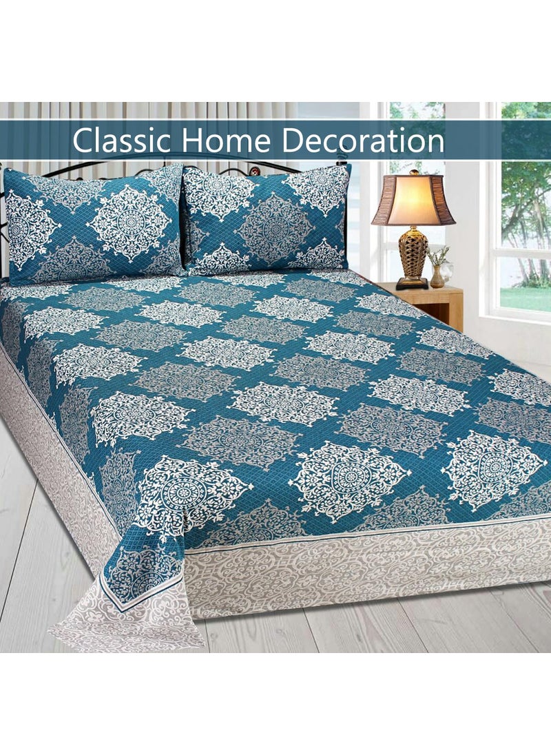 FRESH FROM LOOM Fresh From Loom Cotton 300 TC Reversible 1pc Double Bed Bedsheet with 2 Pillow Cover Aqua Blue_Double Bed  - Image 2