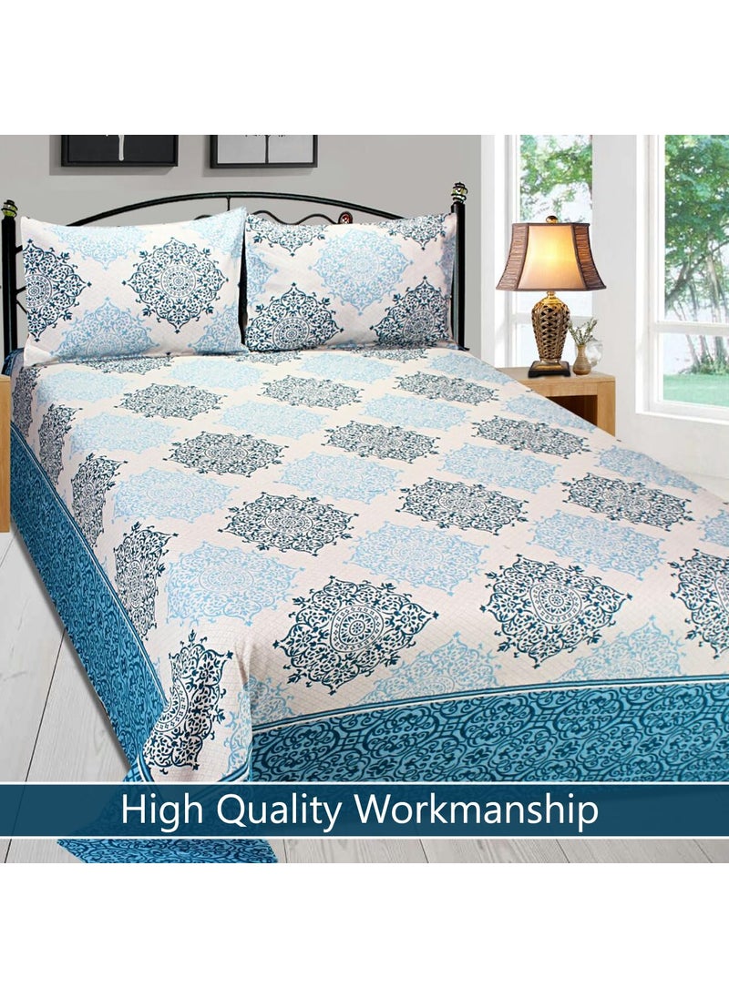 FRESH FROM LOOM Fresh From Loom Cotton 300 TC Reversible 1pc Double Bed Bedsheet with 2 Pillow Cover Aqua Blue_Double Bed  - Image 3