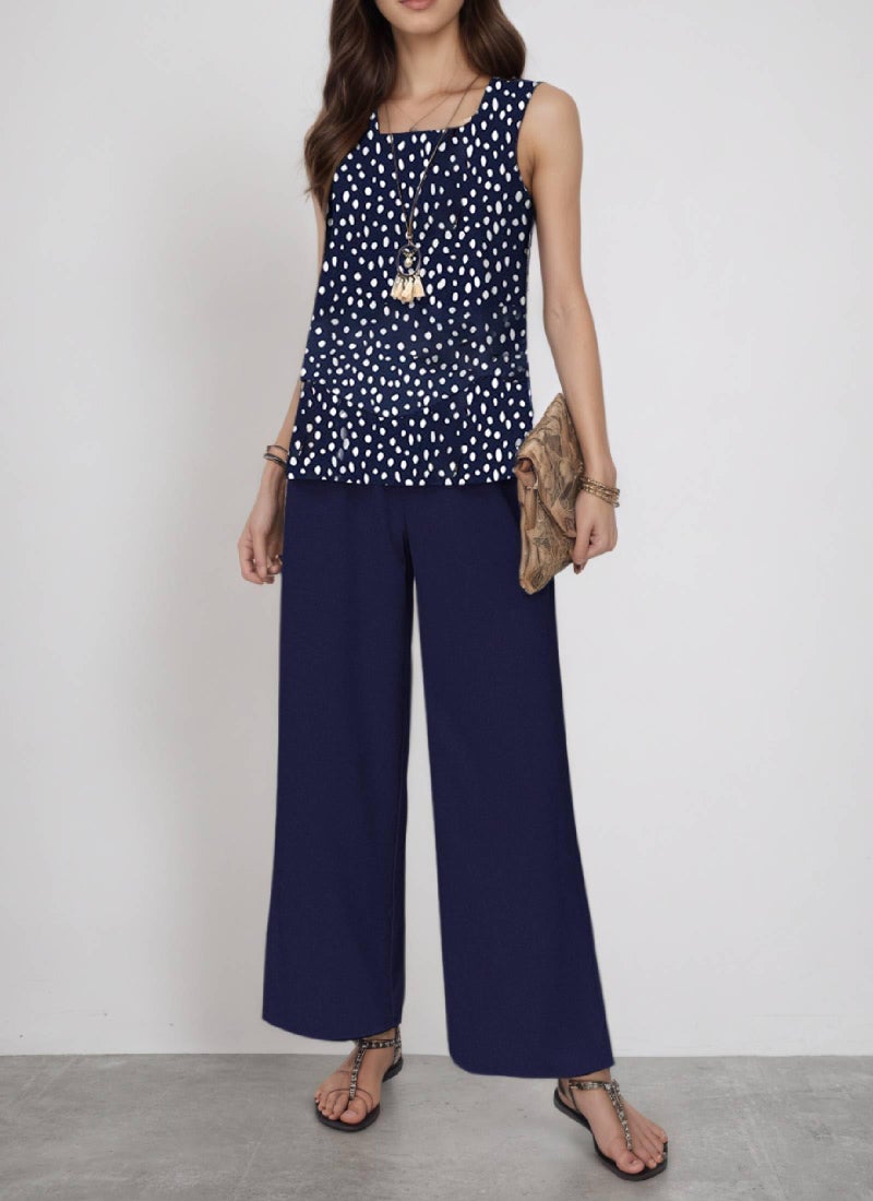 LOZ Two Piece Sets for Women Summer Outfits Navy Blue Polka Dot Sleeveless Top and Wide Leg Pants Lounge Sets 2025 Trendy - Image 2