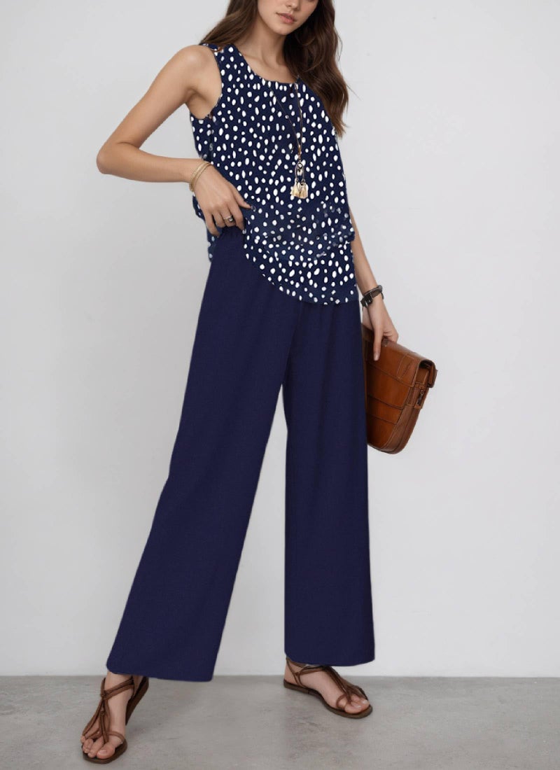 LOZ Two Piece Sets for Women Summer Outfits Navy Blue Polka Dot Sleeveless Top and Wide Leg Pants Lounge Sets 2025 Trendy - Image 4