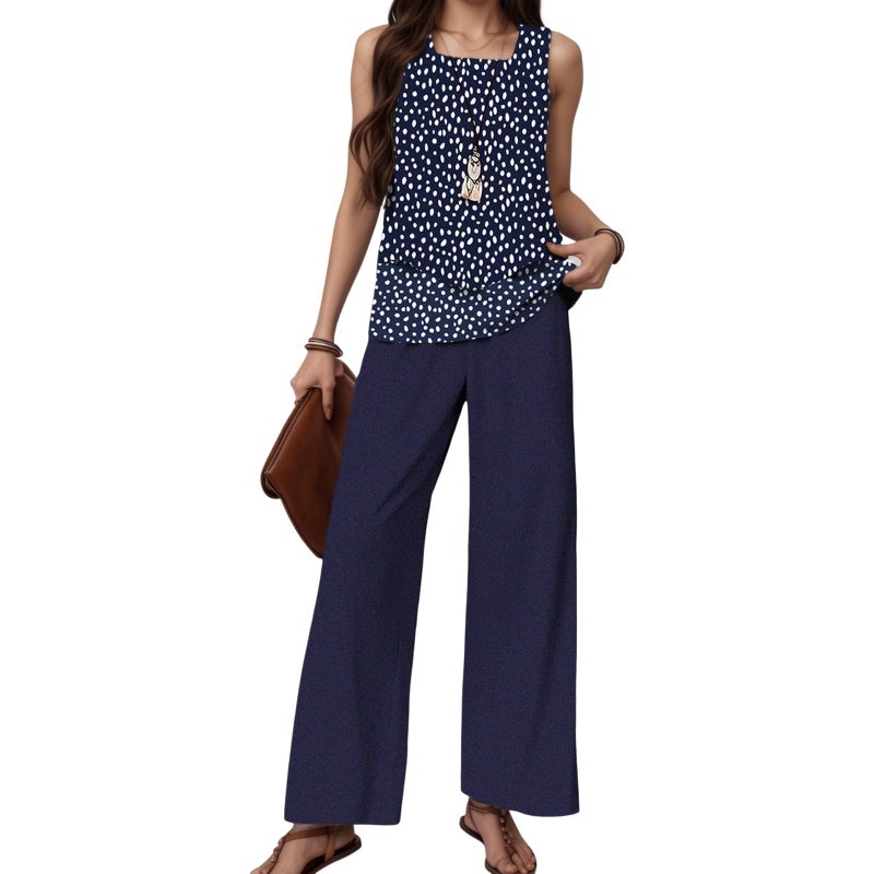 LOZ Two Piece Sets for Women Summer Outfits Navy Blue Polka Dot Sleeveless Top and Wide Leg Pants Lounge Sets 2025 Trendy - Image 1