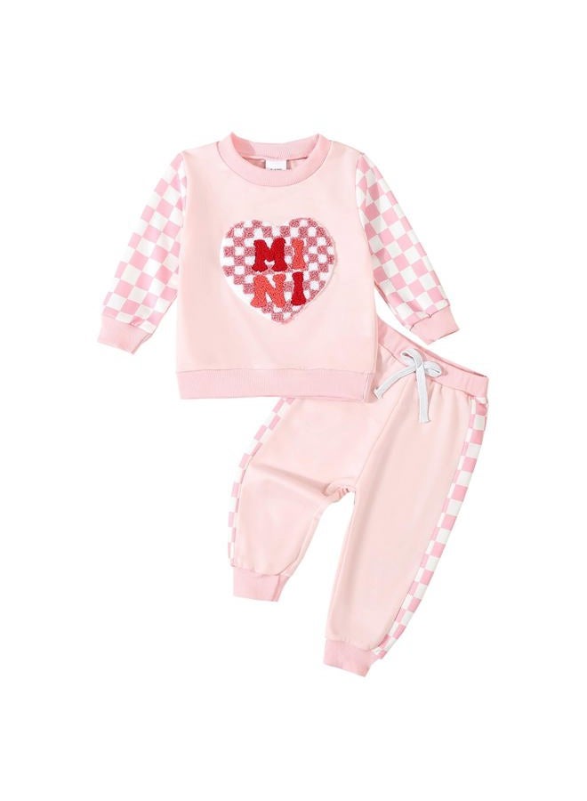 BeQeuewll Baby Girl Valentines Day Outfit Long Sleeve Heart Checkerboard Print Sweatshirt Plaid Pants 2Pcs Valentine Clothes (Mini Pink, 12-18 Months) - Image 1
