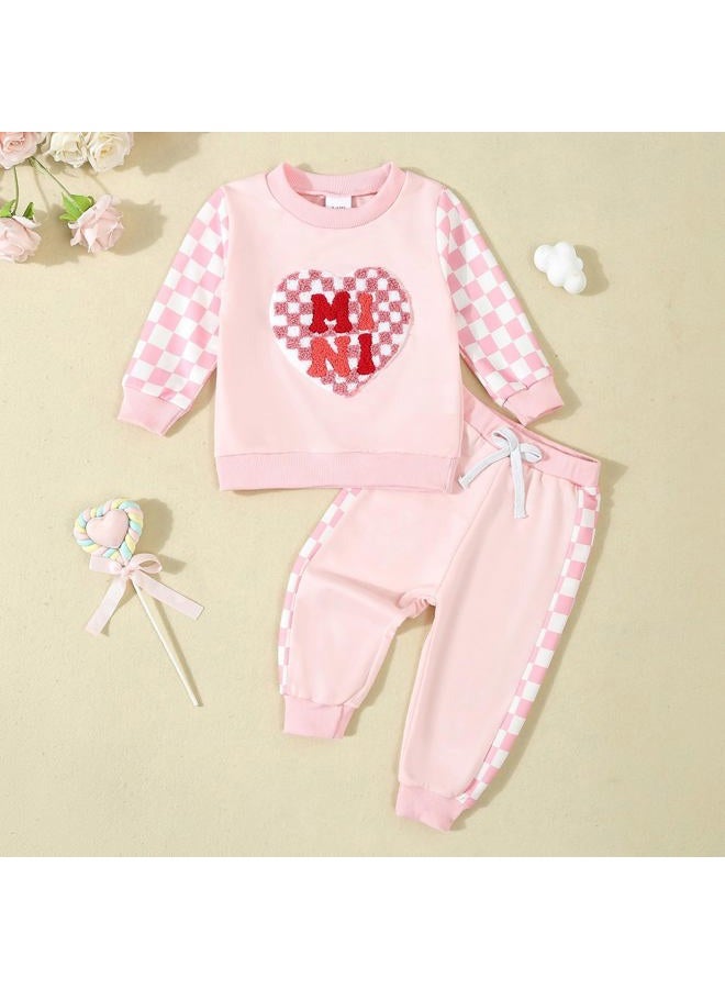 BeQeuewll Baby Girl Valentines Day Outfit Long Sleeve Heart Checkerboard Print Sweatshirt Plaid Pants 2Pcs Valentine Clothes (Mini Pink, 12-18 Months) - Image 2