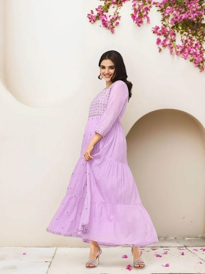 ISHIN ISHIN Lilac Mirror-Work Tiered Maxi Dress