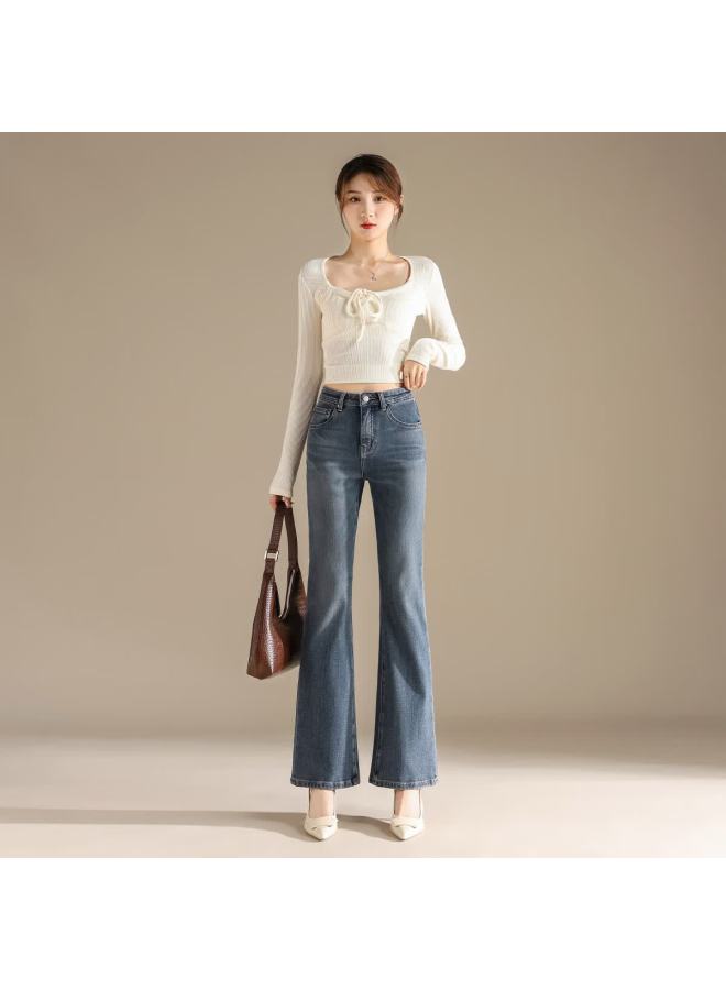 Rain.cun Blue Slimming Flared Pants For Women, New High-end Style, High-waisted Autumn And Winter, Slightly Flared Denim Jeans, Long Trousers For Wome - Image 4