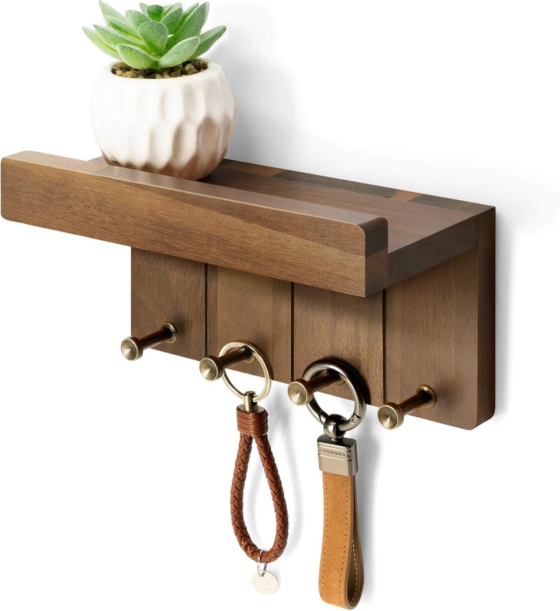 Rebee Vision Farmhouse Key Holder Wall Mount - Small Key Rack & Mail Organizer for Wall with 4 Key Hooks & Small Shelf - Home Essentials for Home Decor (Acacia Wood) - Image 1