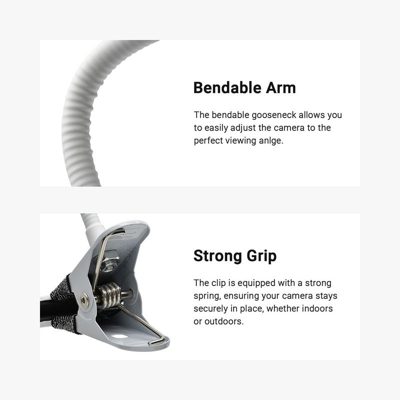 Holicfun Clip Mount for Ring, Blink, Eufy, Google Nest, Wyze, and Arlo Indoor Outdoor Cameras, 40cm Gooseneck Arm, Flexible Adjustment, Strong Clamp, White - Image 4