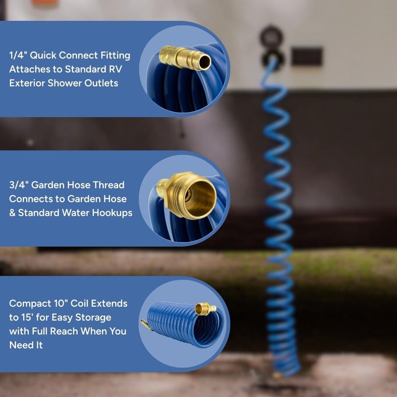 RecPro RV Exterior Shower Hose | 15' Blue Coiled Hose | Optional Flexible Quick Connect Sprayer | UV Resistant (No Sprayer) - Image 2