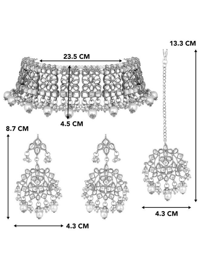 Aheli Elegant Indian Faux Kundan Studded Choker Necklace with Earrings Maang Tikka Set Traditional Ethnic Wedding Wear Fashion Jewelry Gift for Women Girls - Image 5