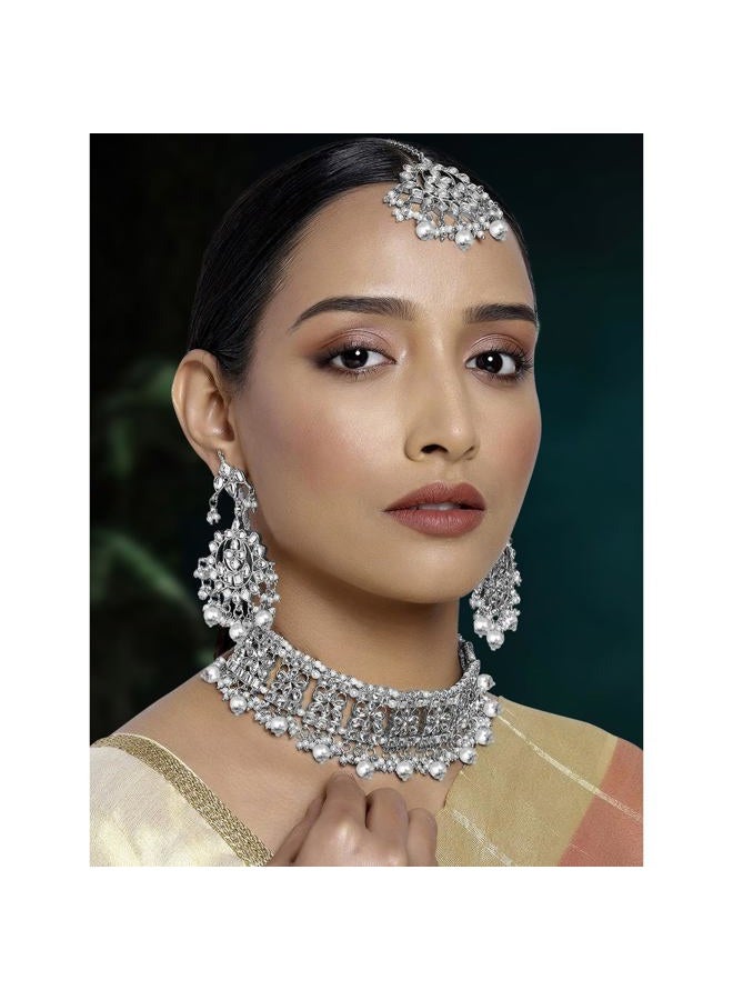 Aheli Elegant Indian Faux Kundan Studded Choker Necklace with Earrings Maang Tikka Set Traditional Ethnic Wedding Wear Fashion Jewelry Gift for Women Girls - Image 3