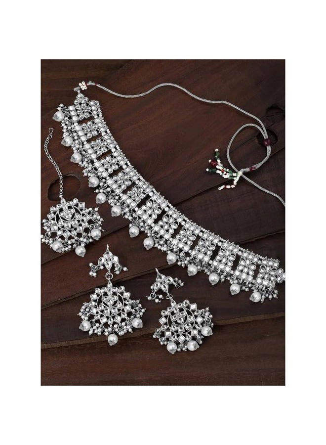 Aheli Elegant Indian Faux Kundan Studded Choker Necklace with Earrings Maang Tikka Set Traditional Ethnic Wedding Wear Fashion Jewelry Gift for Women Girls - Image 4