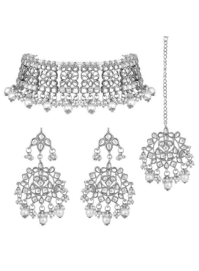 Aheli Elegant Indian Faux Kundan Studded Choker Necklace with Earrings Maang Tikka Set Traditional Ethnic Wedding Wear Fashion Jewelry Gift for Women Girls - Image 2