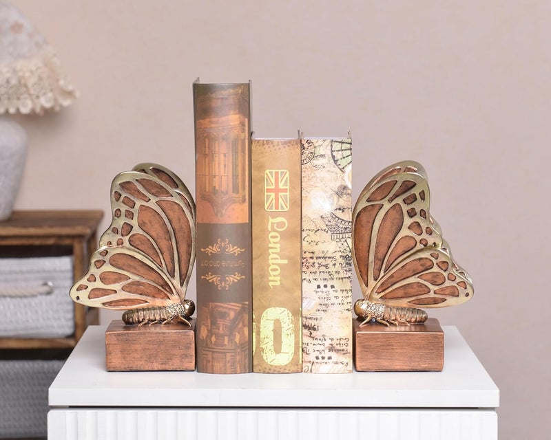 Kakizzy Vintage Brown Butterfly Bookends,Resin Book Ends for Shelves,Heavy Duty Decorative Bookends,Creative Book Stopper Holder Decor for Desk Home Office,Shelf Decoration,Gifts for Mother's Day - Image 2