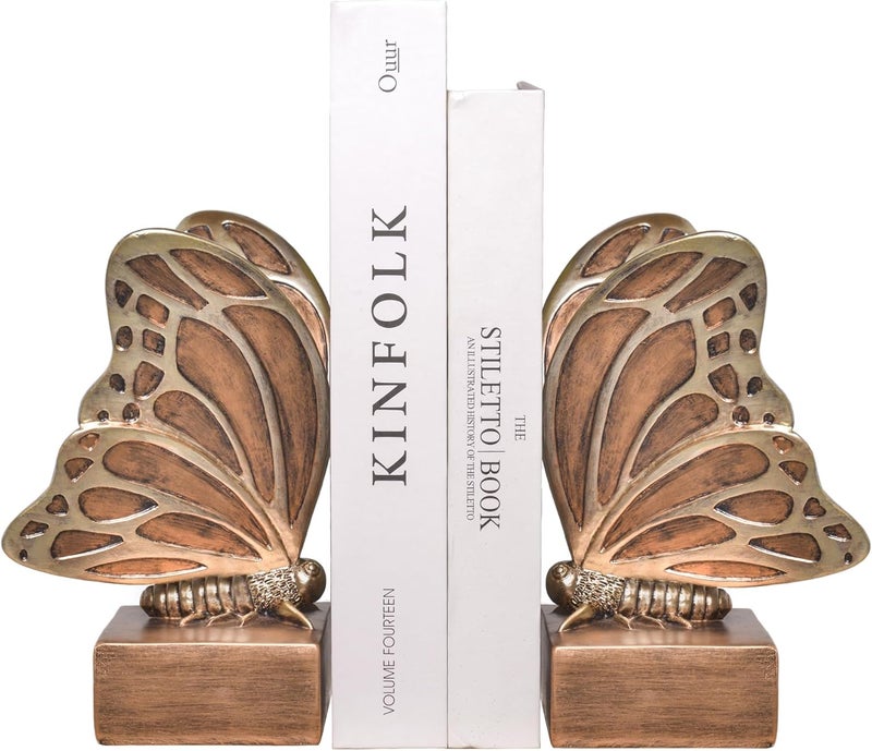 Kakizzy Vintage Brown Butterfly Bookends,Resin Book Ends for Shelves,Heavy Duty Decorative Bookends,Creative Book Stopper Holder Decor for Desk Home Office,Shelf Decoration,Gifts for Mother's Day - Image 1