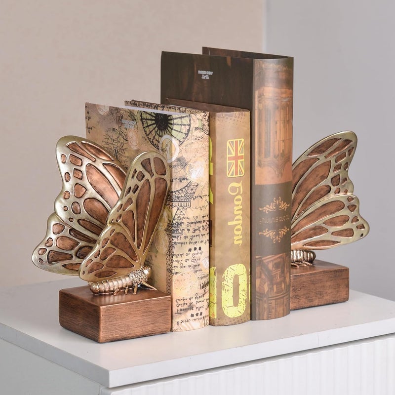 Kakizzy Vintage Brown Butterfly Bookends,Resin Book Ends for Shelves,Heavy Duty Decorative Bookends,Creative Book Stopper Holder Decor for Desk Home Office,Shelf Decoration,Gifts for Mother's Day - Image 4