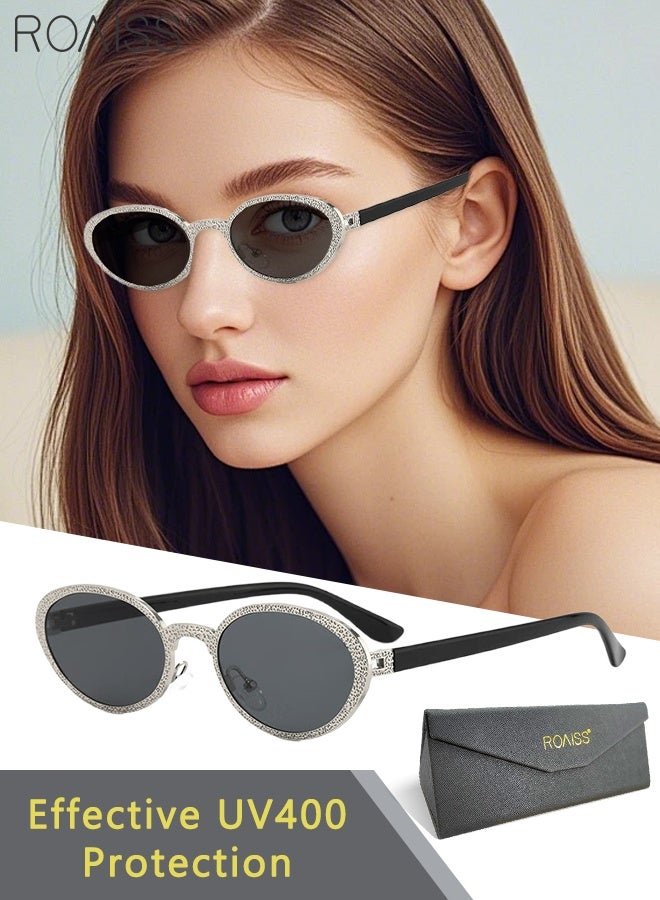 رويس نظارات شمسية بيضاوية عتيقة للنساء، حماية من الأشعة فوق البنفسجية 400، بإطارات مزخرفة، نظارات شمسية أنيقة لحفلات التسوق والسفر مع حافظة للنظارات، مقاس 64 مم - Image 1