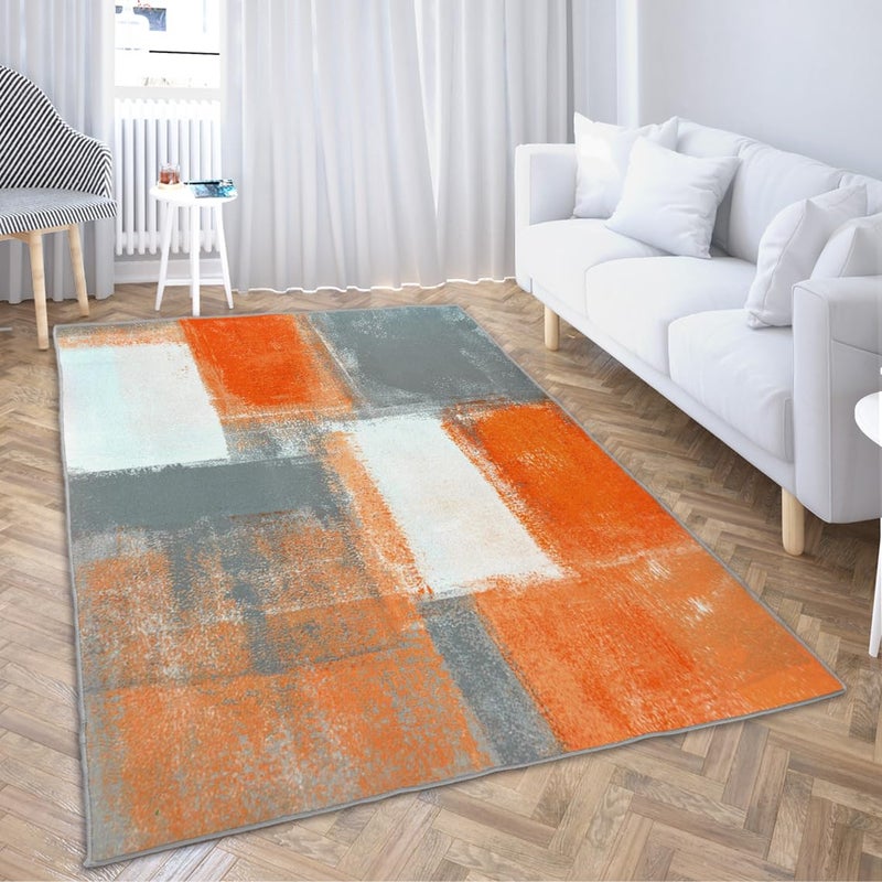 LOKMU Non-Slip Area Rugs Orange and Grey White Abstract Art Home Decor Rugs Carpet for Classroom Living Room Bedroom Dining Kindergarten Room 5'x7' - Image 1
