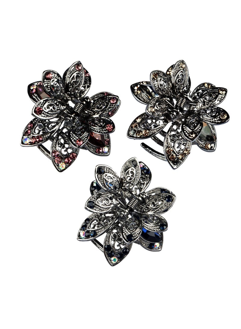 Excefore Mini Metal Floral Jaw Clips, 3 Pcs Vintage Metal Rhinestone Claw Hair Clip Non-Slip Flower Barrette Accessories for Women Girls - Image 1
