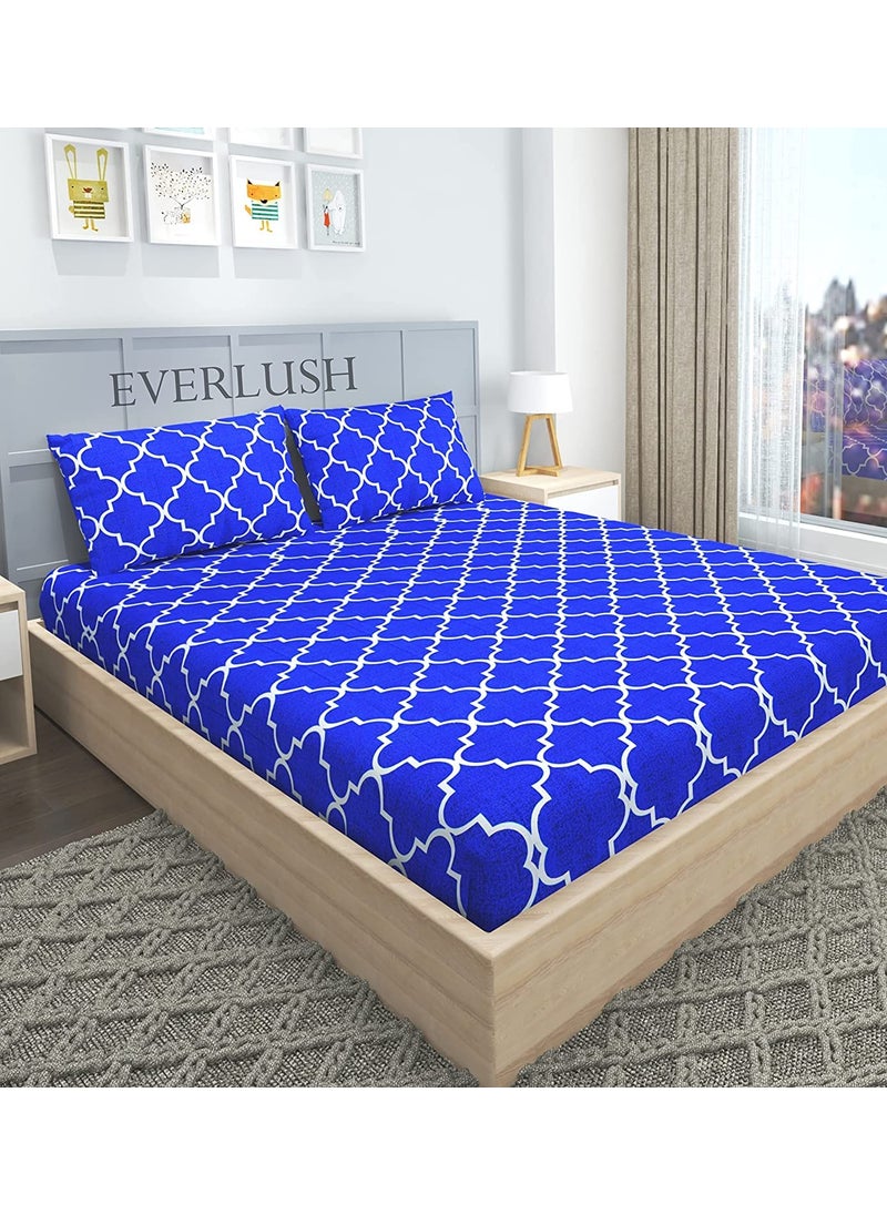 EVERLUSH - EVERLUSH Glace Cotton Best Fitted Printed Bedsheets Double King Size Bedsheets with 2 Pillow Covers (Blue Carpet, King 72" X 78") - Image 1