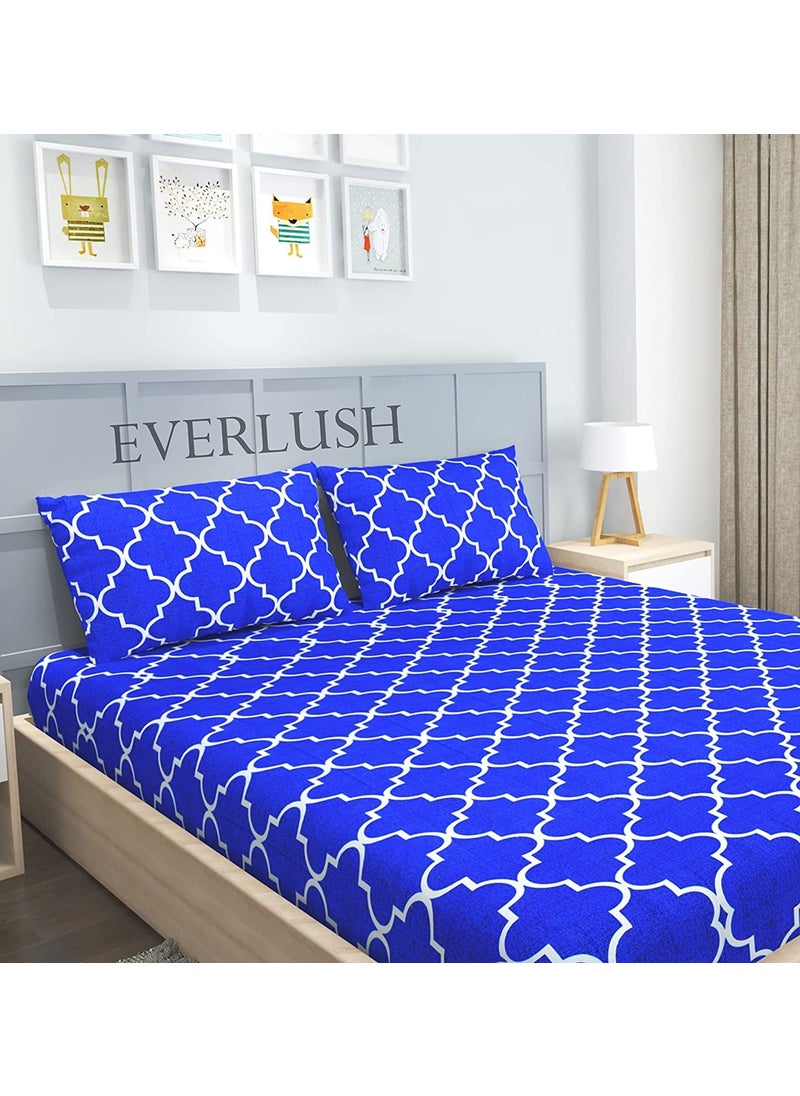 EVERLUSH - EVERLUSH Glace Cotton Best Fitted Printed Bedsheets Double King Size Bedsheets with 2 Pillow Covers (Blue Carpet, King 72" X 78") - Image 1