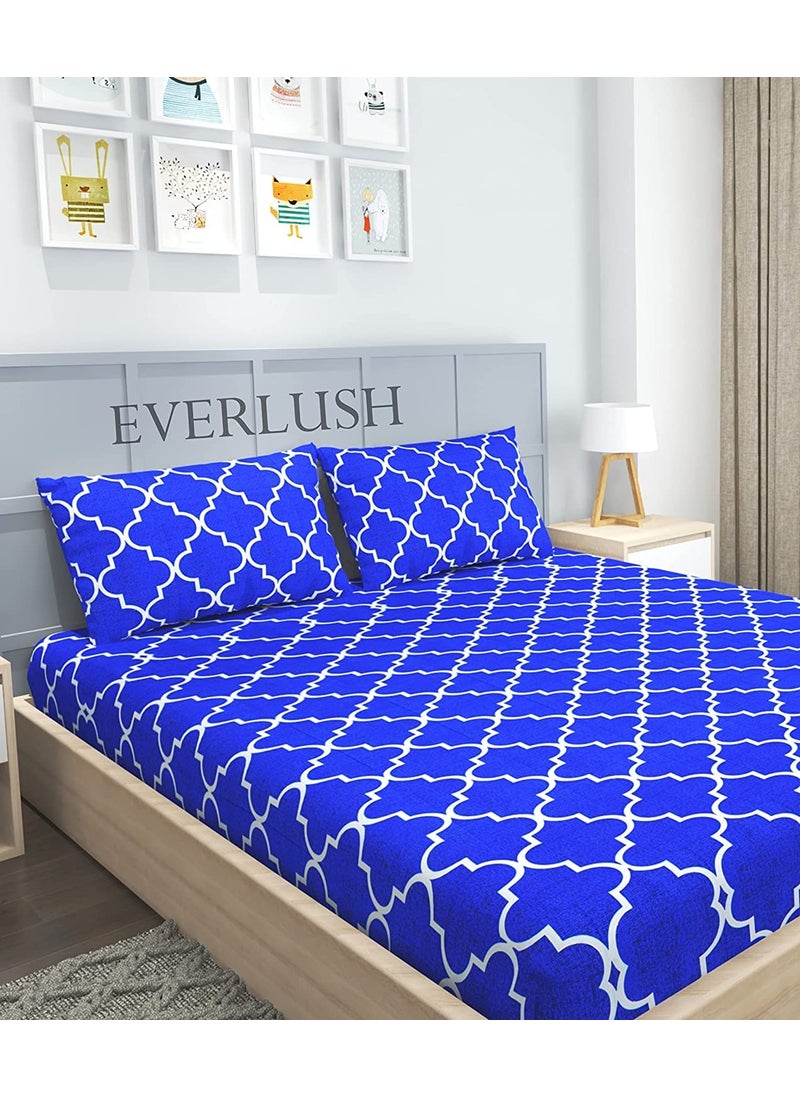 EVERLUSH - EVERLUSH Glace Cotton Best Fitted Printed Bedsheets Double King Size Bedsheets with 2 Pillow Covers (Blue Carpet, King 72" X 78") - Image 1