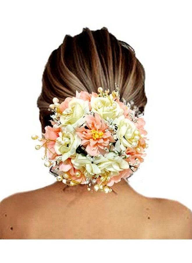 Hair Flare Artificial Rose Flowers Pearl Hairpin/Judapin/Juda Bun For Wedding Bridal Hair Accessories For Women And Girls 2256 Peach Pack Of 1  - Image 1