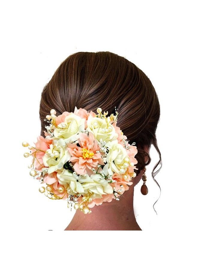 Hair Flare Artificial Rose Flowers Pearl Hairpin/Judapin/Juda Bun For Wedding Bridal Hair Accessories For Women And Girls 2256 Peach Pack Of 1  - Image 3