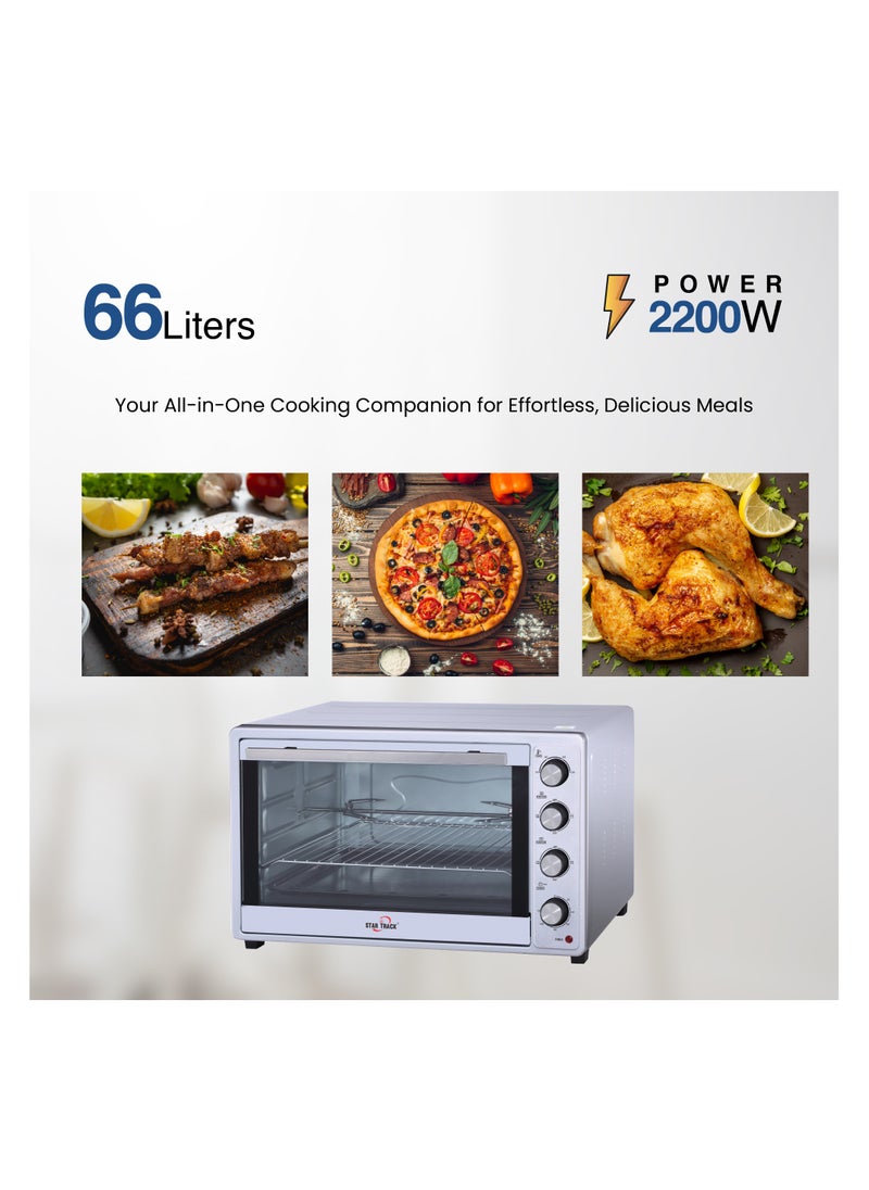 STAR TRACK - STAR TRACK 66L Electric Oven with Rotisserie, Convection, 120-Min Timer, Skewer & Pizza Tray, 2200W Stainless Steel Body, Galvanized Inner Cavity - Image 1