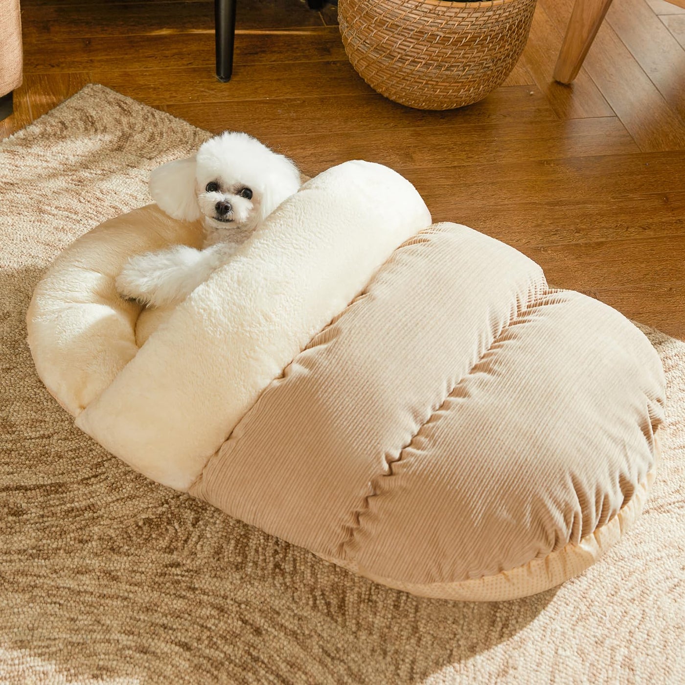 Romaneco Bed for Dog and Cat, Pet Bed, Ultra Soft Cute Plush Slipper Cat Cave Bed, Anti Slip Warm Pet House Nest, Self-Warming, Ideal for Indoor Use - Fits up to 30lbs (30"X22", L, Light Brown)