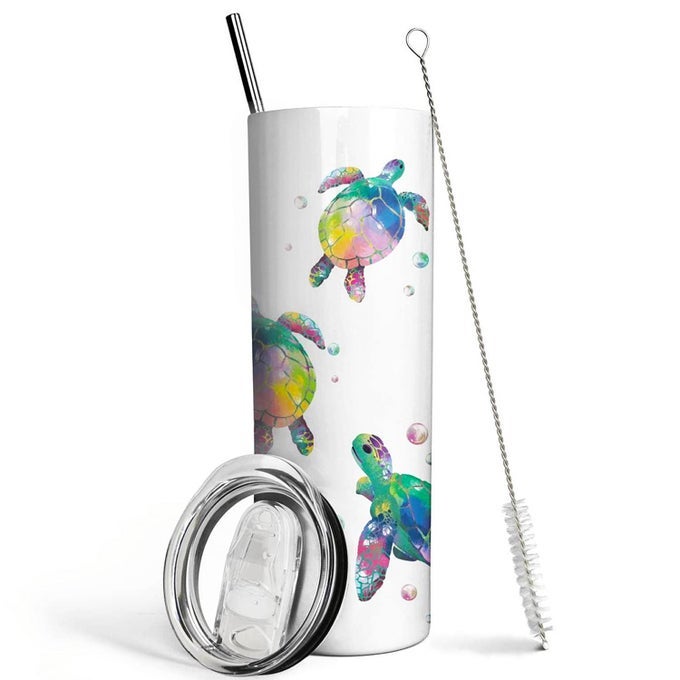 SEA TURTLE GIFTS 20 OZ DOUBLE WALL VACUUM INSULATED STAINLESS STEEL TUMBLER WITH LID AND STRAW WATERCOLOR OCEAN TURTLE CUP TRAVEL COFFEE MUG