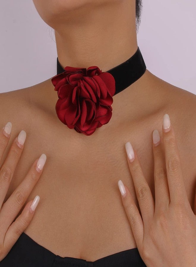 Asphire Vintage Black Suede Choker with Large Flower Elegant Floral Collar Necklace and Bracelet Set 2pcs Prom Party Romantic Rose Accessories for Women (Red) - Image 3