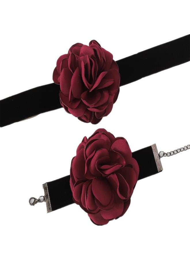 Asphire Vintage Black Suede Choker with Large Flower Elegant Floral Collar Necklace and Bracelet Set 2pcs Prom Party Romantic Rose Accessories for Women (Red) - Image 1